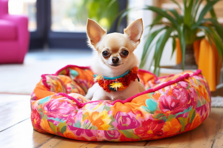 Chihuahua dog sits on a colored pillow in a bright motley roomの素材