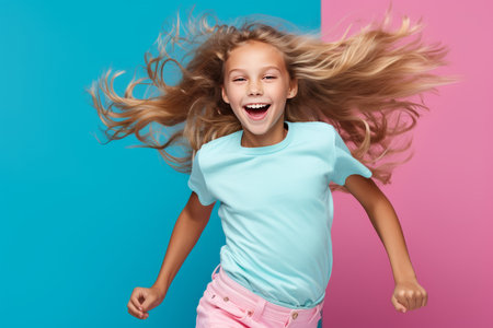 Happy, cheerful girl child jumping on blue and pink backgroundの素材
