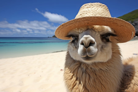 Funny alpaca in a beach hat and sunglasses resting on a tropical beachの素材
