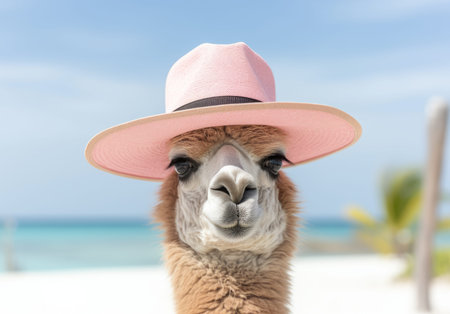 Funny alpaca in a beach hat relaxing on a tropical beach in summer close-upの素材