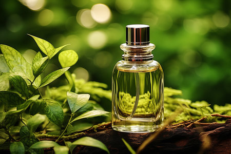 Perfume bottle surrounded by green foliage on a natural background close-upの素材