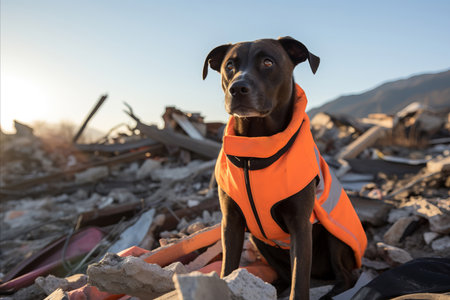 Search dog rescuer in a bright vest on the ruins of a destroyed building in the cityの素材
