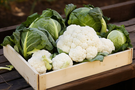 Assorted cabbage in wooden box on tableの素材