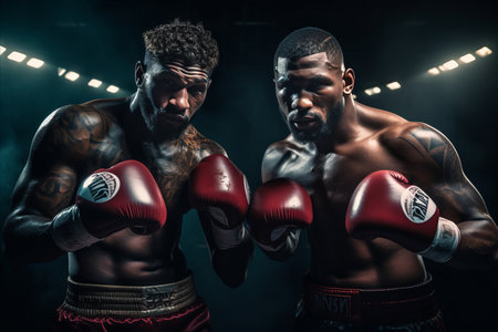 Two professional muscular African American boxers in boxing gloves in the ring before a fightの素材