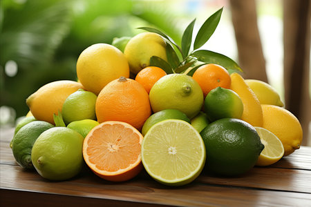 assorted citrus fruits on a wooden table close-up outdoors in summerの素材