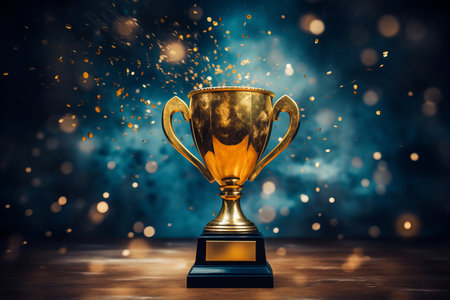 Gold winner cup trophy on dark background under spotlights with abstract shiny gold and blue lightsの素材