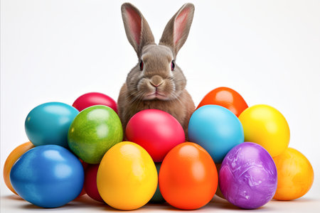 Cute Easter bunny and colorful Easter eggs on a white background close-upの素材