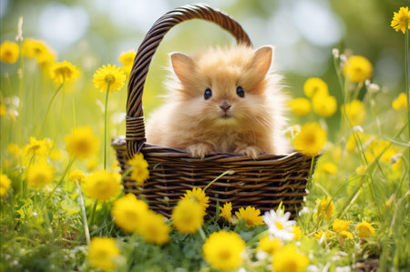 Cute Easter bunny in a wicker basket outdoors surrounded by greenery and flowersの素材