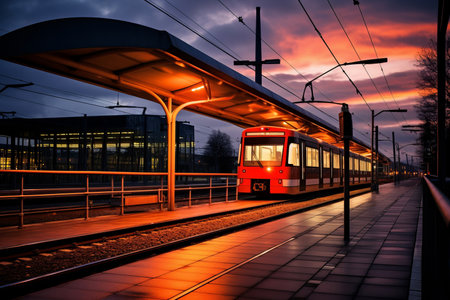 city tram in the evening at the station in the cityの素材
