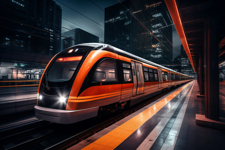 A modern train stands at night at a station in the cityの素材