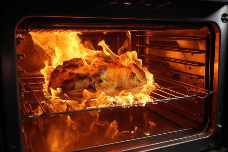 Home kitchen oven catches fire. Fire hazard from kitchen oven.の素材