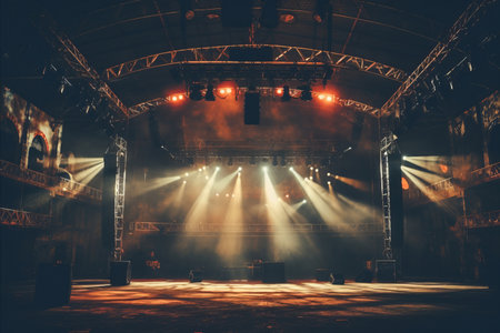 Dark modern concert music venue with an industrial atmosphere, ceiling lights shining onto the stageの素材