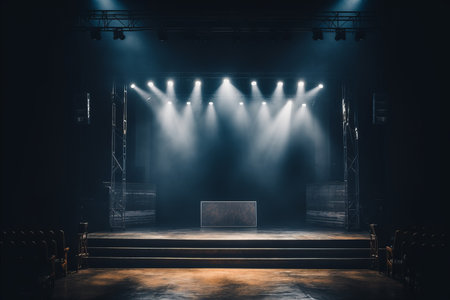 Dark modern concert music venue with an industrial atmosphere, ceiling lights shining onto the stageの素材