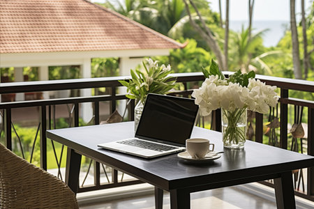Laptop on the table of an open veranda overlooking the tropics. Minimalistic freelance home officeの素材