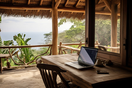 Laptop on the table of an open veranda overlooking the tropics. freelancer officeの素材