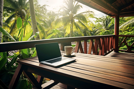 Laptop on the table of an open veranda overlooking the tropics. freelancer officeの素材