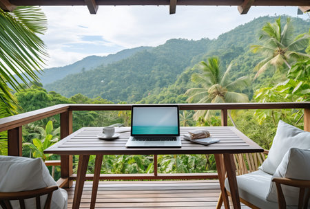 Laptop on the table of an open veranda overlooking the tropics. Minimalistic freelance home officeの素材