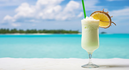 Pina Colada cocktail against the backdrop of a tropical beach. Beach holiday conceptの素材