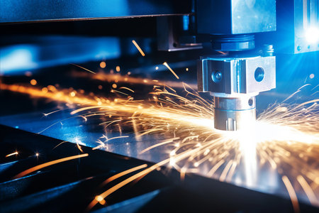 Close-up of a CNC metal laser cutting machineの素材