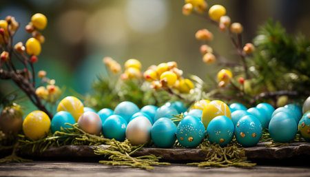 Easter eggs with flowers on spring natural backgroundの素材