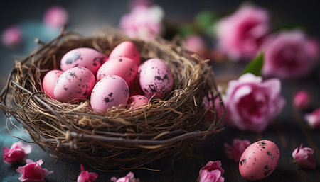 Easter eggs on in a nest with flowers. Easter conceptの素材