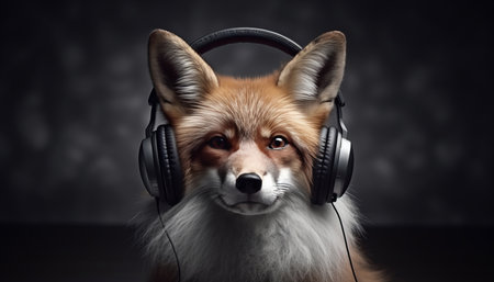 Fox in headphones on a dark backgroundの素材