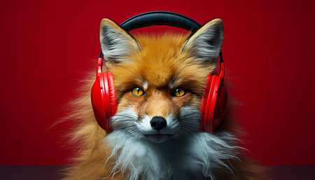Fox in headphones on a red backgroundの素材