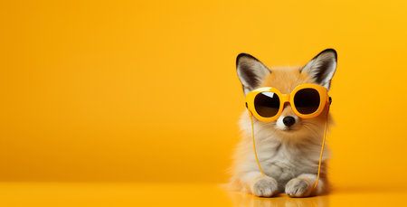 Fox in headphones and sunglasses on an orange backgroundの素材