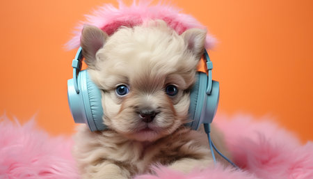 Puppy in headphones on a bright colored backgroundの素材
