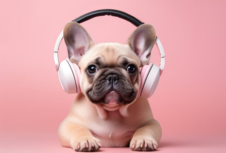 Little French bulldog wearing headphones on a pink backgroundの素材