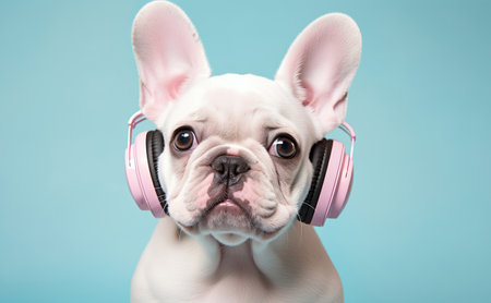 Little French bulldog wearing headphones on a blue backgroundの素材