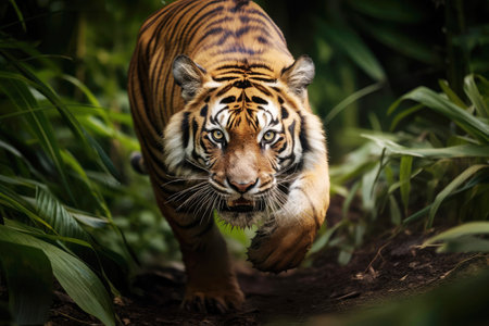 Tiger walking in the jungle close-up, looking at the cameraの素材