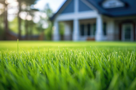 Beautiful green lawn close-up against the backdrop of a private residential buildingの素材