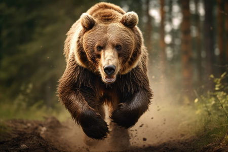 Big brown bear runs in the forest in summer, looks at the cameraの素材