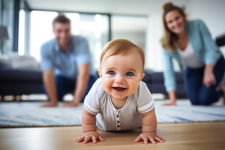 Happy little child crawling at home on the floor in a modern apartment against the background of his parentsの素材