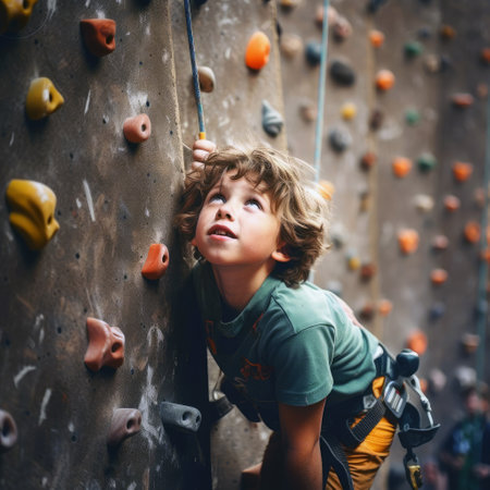 Happy boy on a climbing wall climbs up. Children's rock climbing trainingの素材