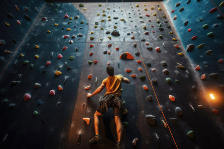male rock climber climbs up the wall of a training climbing wall, rear viewの素材