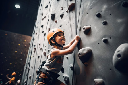 Happy boy on a climbing wall climbs up on a dark background. Teaching children rock climbingの素材