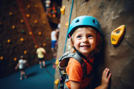 Happy boy on a climbing wall climbs up. Children's rock climbing trainingの素材