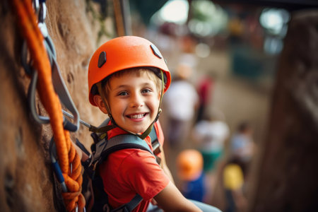 Happy boy on a climbing wall climbs up. Children's rock climbing trainingの素材