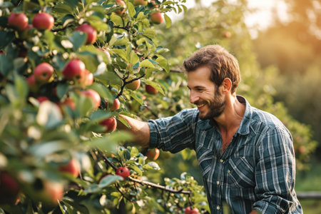 happy man picking red apples in apple orchardの素材