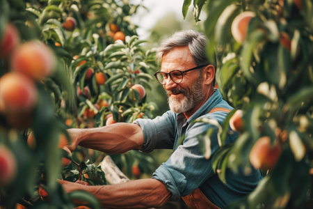 happy elderly man picking peaches in the gardenの素材