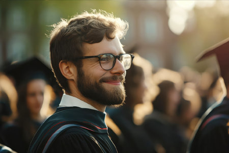 Happy university graduate in black robe outdoorsの素材