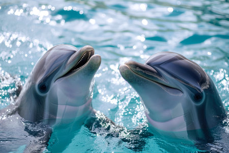 two dolphins on the surface of the water looking at the cameraの素材