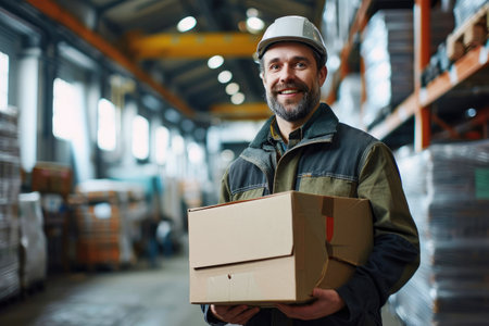Smiling warehouse worker in hard hat holding cardboard box in warehouseの素材