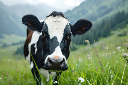 Holstein cow grazing in an alpine meadow against the backdrop of beautiful mountains close-upの素材