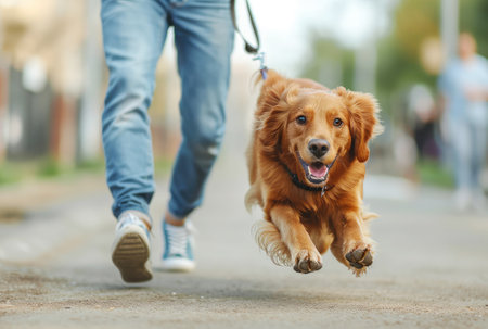 A man in jeans and sneakers walks a happy retriever dog in the city close-upの素材