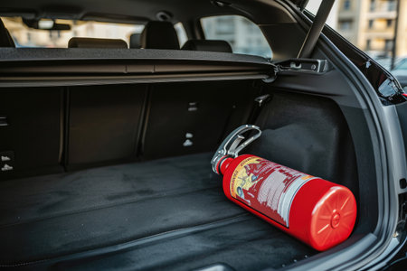 red fire extinguisher in the trunk of a carの素材