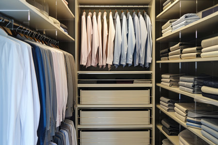 spacious modern wardrobe in light colors with many men's shirts and jacketsの素材