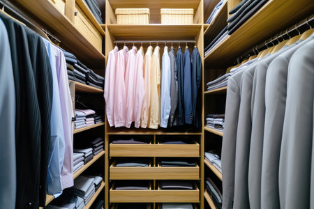 spacious modern wardrobe with many men's shirts and jacketsの素材
